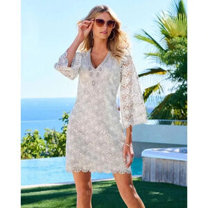 Boston Proper Embellished Metallic Floral Lace Tunic Dress White/Silver Size XS